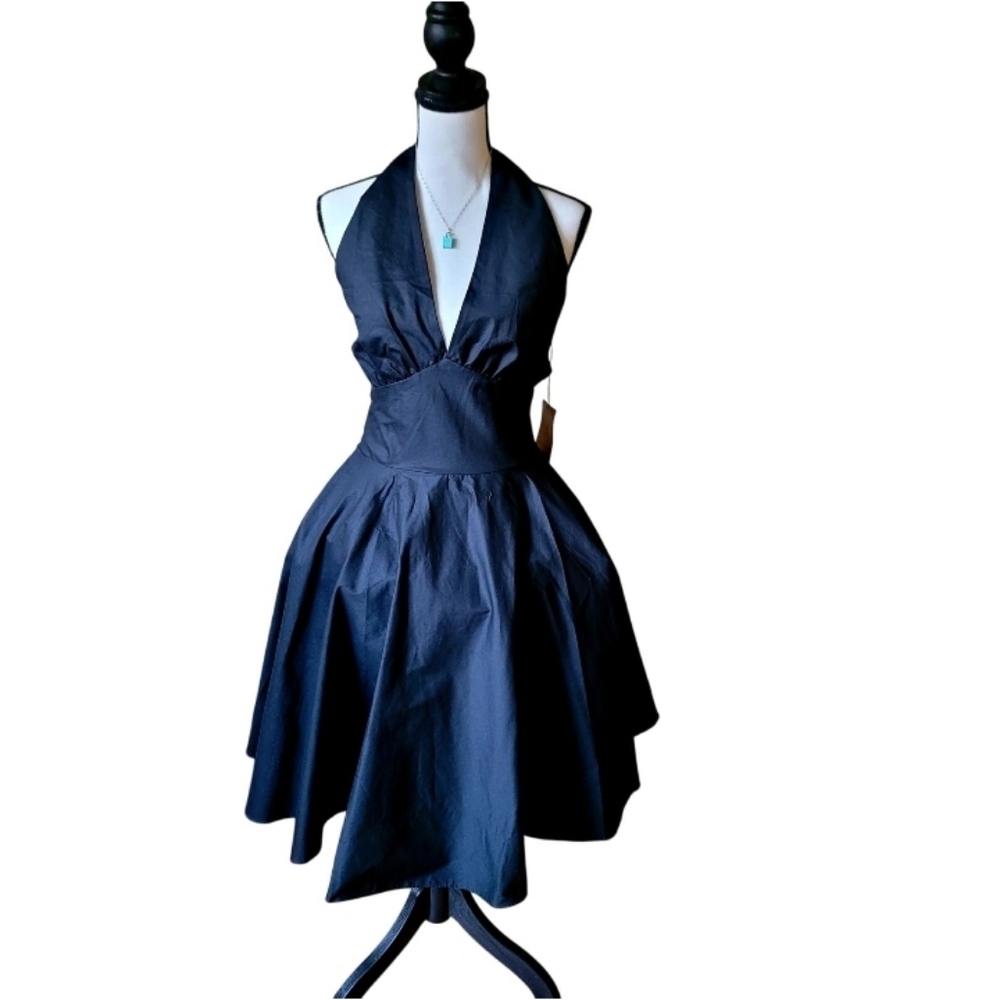 Pin-up Cocktail Elegant Black Halter Midi Dress Size Small Maggie Tang NEW NWT